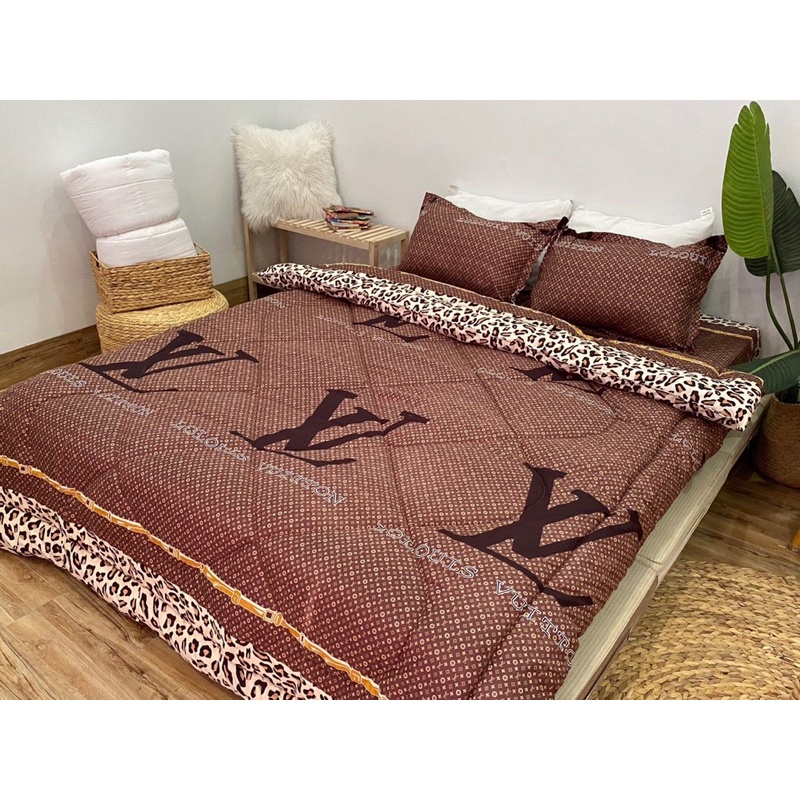 Trọn bộ 5 món chăn ga gối Poly set hè và set phao mẫu LV báo
