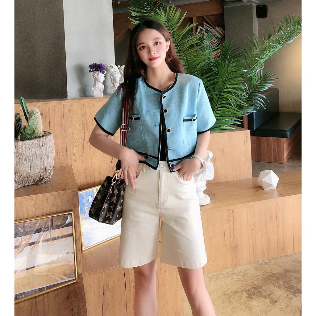 Áo kiểu cổ tròn túi 2 bên ngực nút đen sang chảnh (có hình thật) | BigBuy360 - bigbuy360.vn