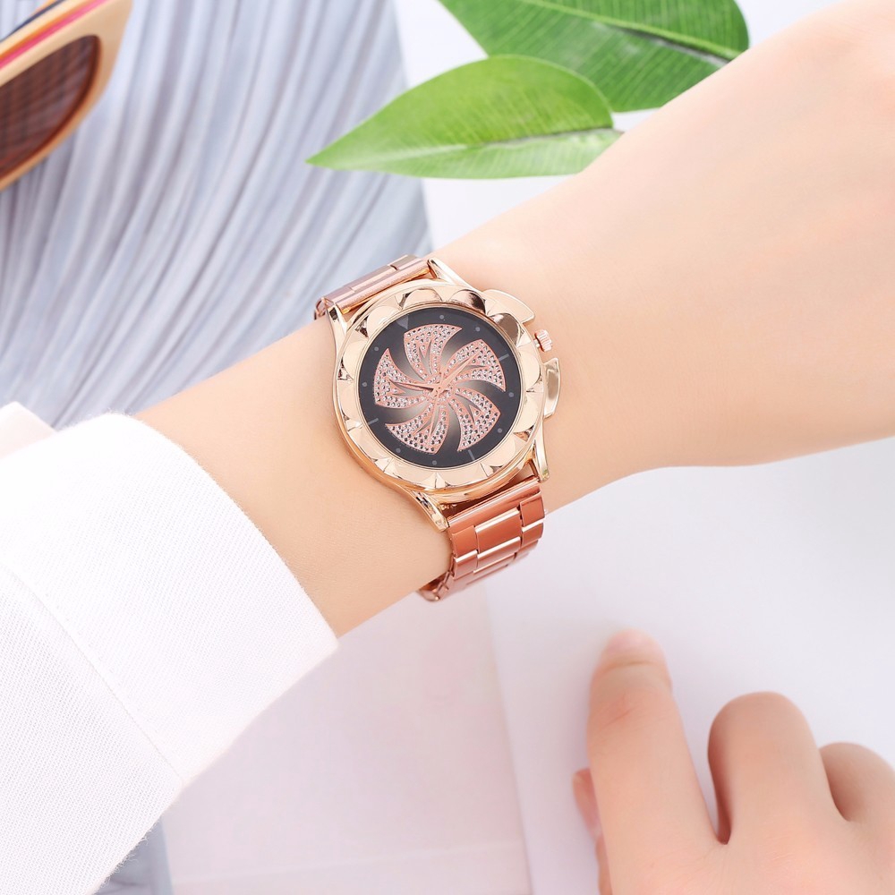 Đồng hồ với dây đeo bằng thép lưới mạ vàng hồng cho nữ