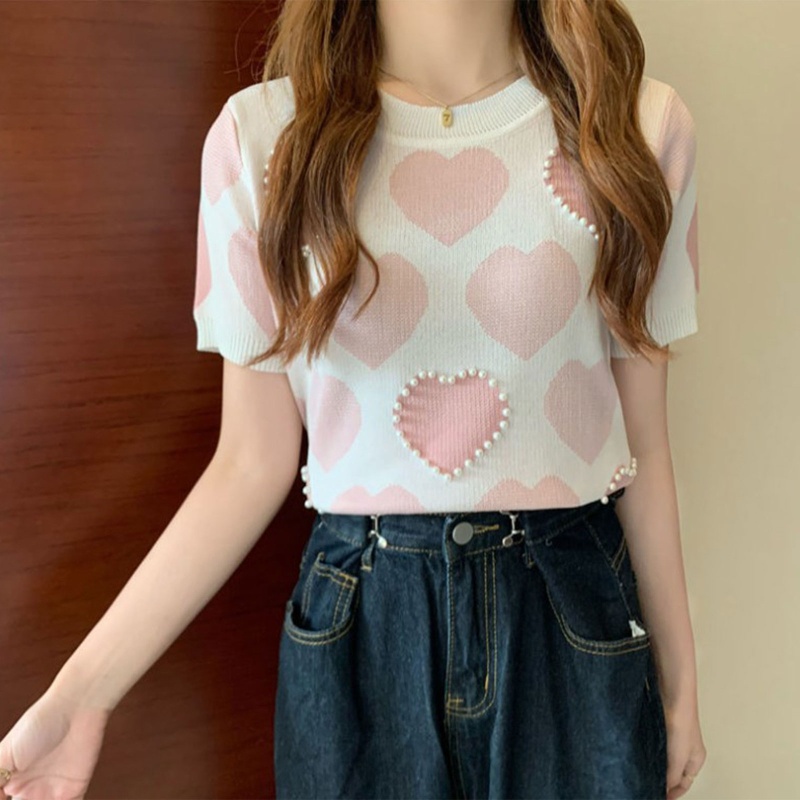 Áo Crop Top Dệt Kim Tay Ngắn Cổ Tròn In Họa Tiết Trái Tim Đính Ngọc Trai Giả Dễ Thương Thời Trang Cho Nữ