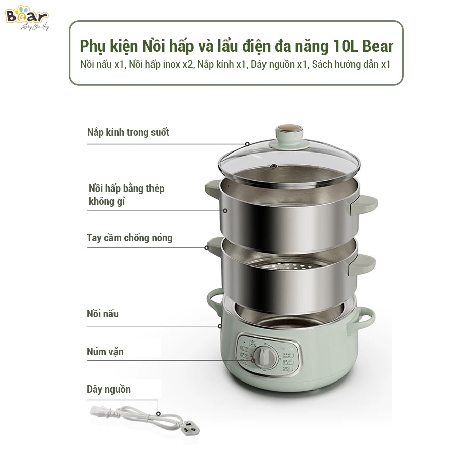 Nồi Hấp Điện 3 Tầng Bear 10L Hấp Đa Năng, Hấp Bánh Bao, Hấp Xôi, Hấp Đồ Ăn Dặm Cho Bé DZG-D80G5