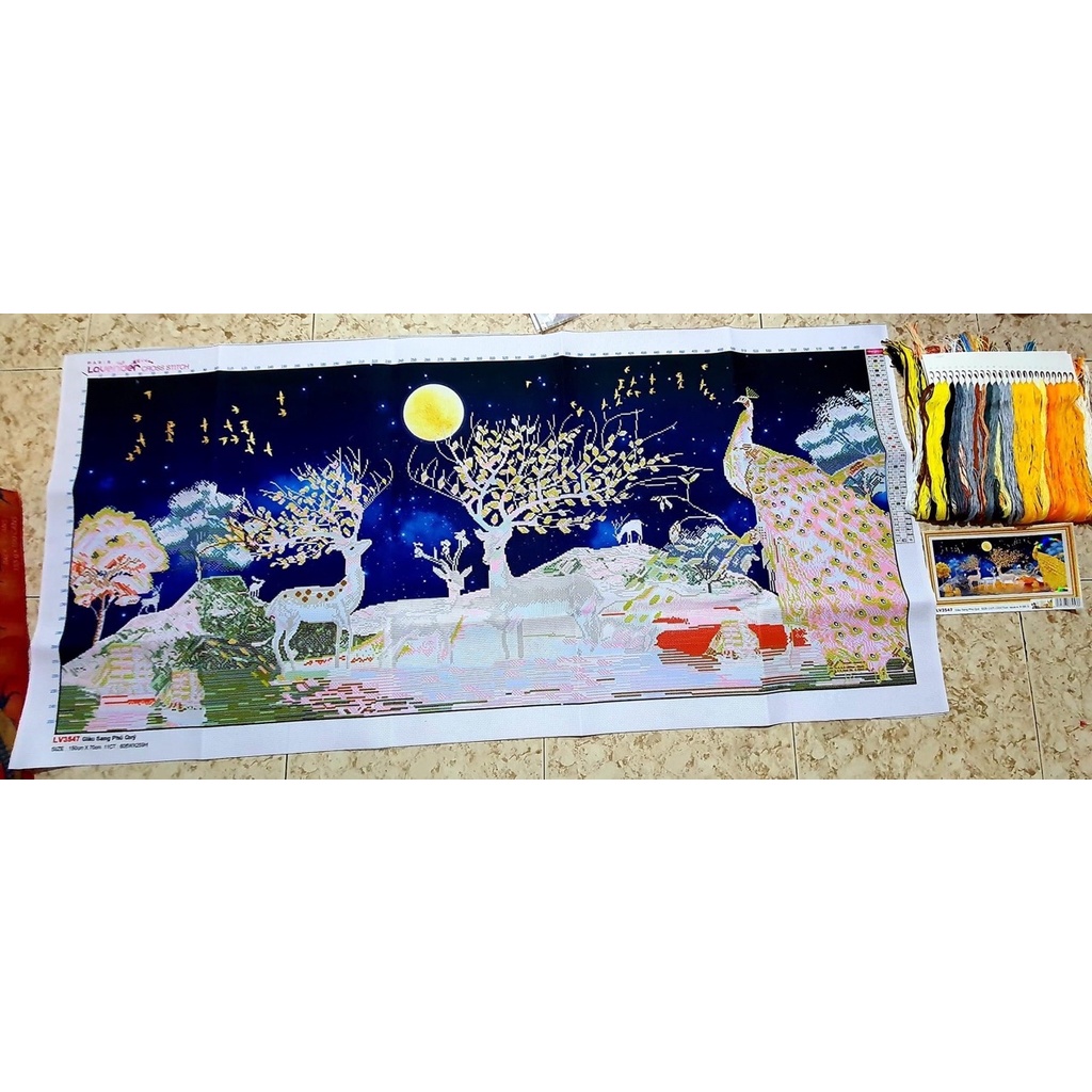 Tranh đính đá Hươu Tài Lộc Giàu Sang 100x50cm, 150x70cm - tranh chưa gắn đá, không khung