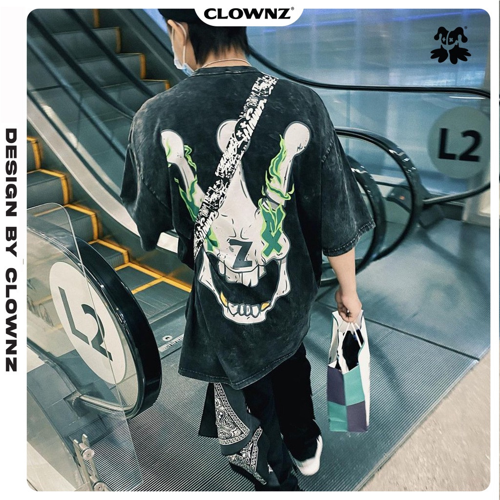 [FULLTAG CHÍNH HÃNG] Áo thun tay lỡ unisex Clownz Flamy Skull Washed T-Shirt (xương xám) form rộng, chất cotton