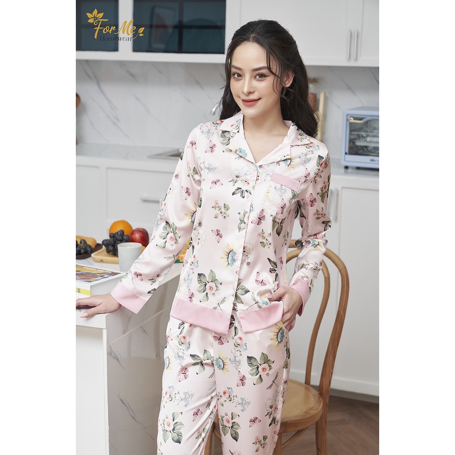 Bộ mặc nhà chất Lụa Hàn Châu dáng dài tay Họa Tiết Hoa Bướm Hồng Phối  04, forme pijamas