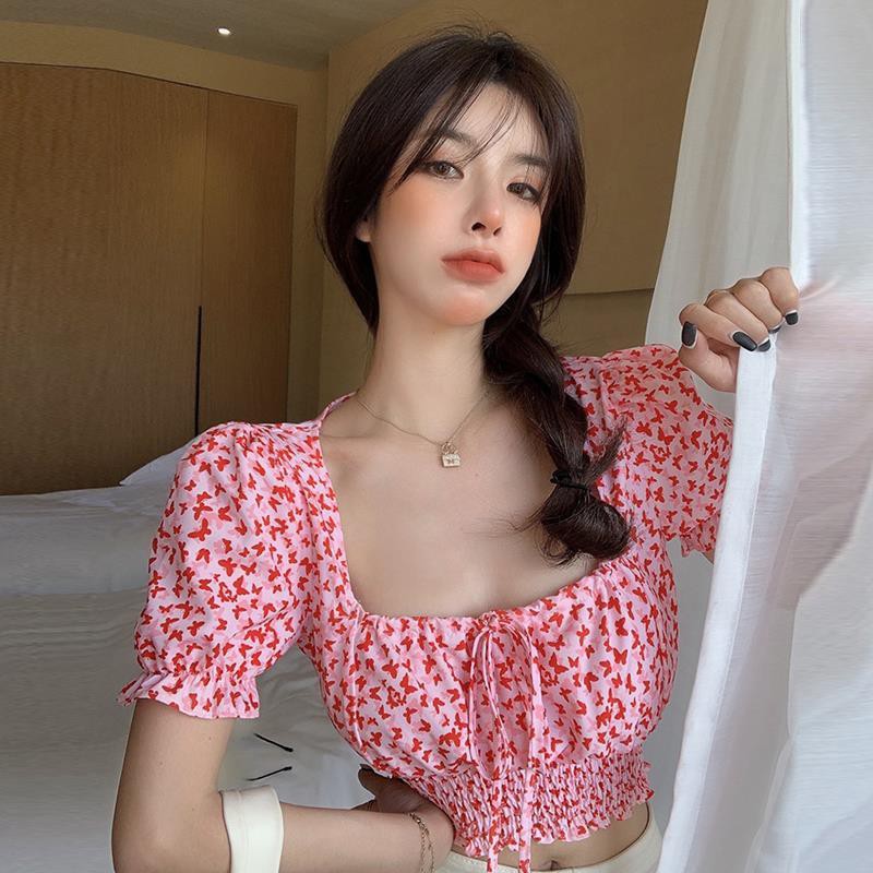 🍒 Quần áo nữÁo sơ mi hoa màu xanh phụ nữ mùa hè crop top