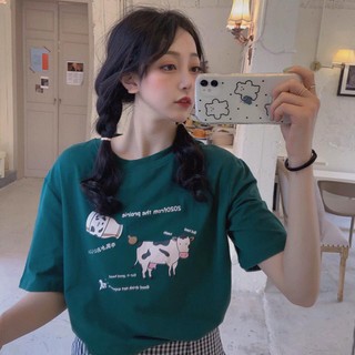 [Hình thật+video] Áo phông tay lỡ freesize  nữ Unisex thun form rộng, mặc cặp, nhóm, lớp hình bò sữa màu xanh rêu