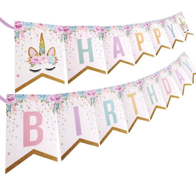 Băng rôn giấy gắn thẻ in chữ Happy Birthday và hình kì lân