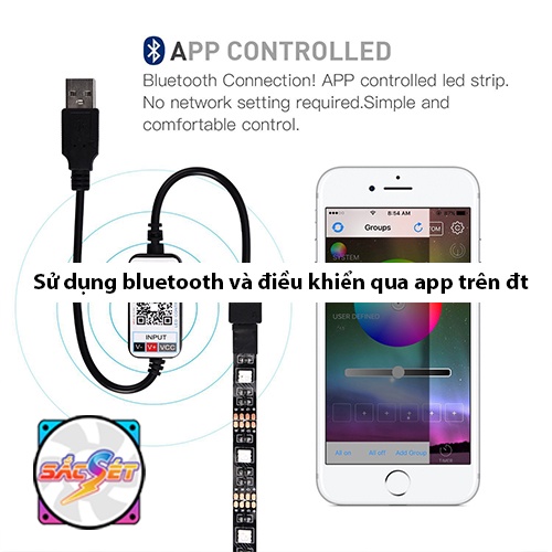 DÂY LED RGB NHÁY THEO NHẠC, kết nối USB, hơn 20 chế độ và điều khiển bằng Bluetooth qua điện thoại.