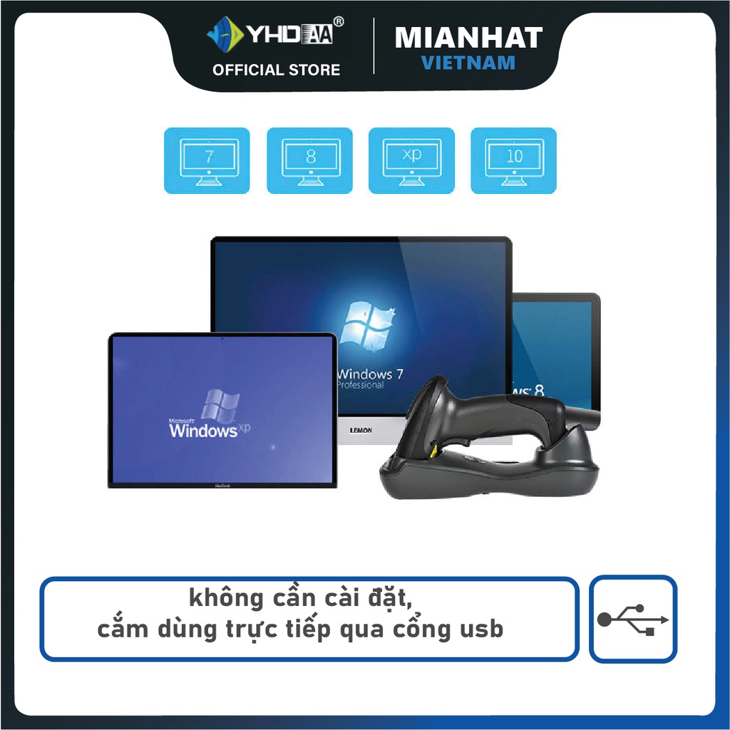 Máy quét mã vạch không dây YHD 5300DM kèm đế sạc, đọc mã vạch Barcode 1D Qrcode 2D dùng trong Cửa hàng, Siêu thị