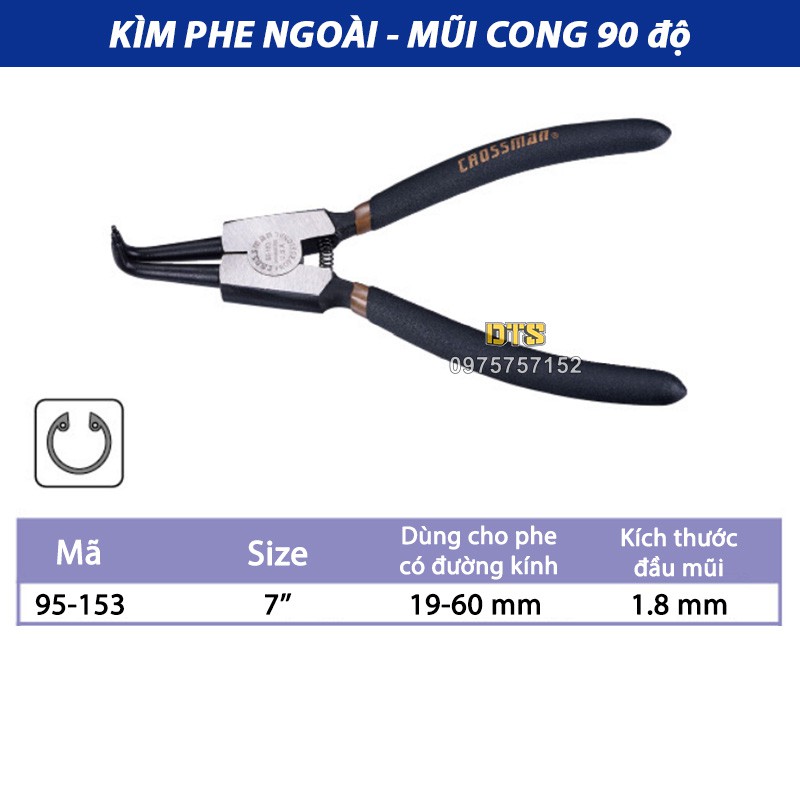 Kìm mở phe ngoài mũi cong cao cấp CROSSMAN 95-153 GUARANTEE 7 inch, kìm phanh thép CR-V kềm mở phe mũi cong mở ngoài