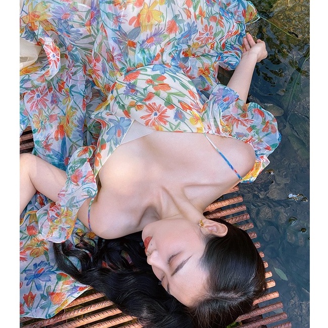 Đầm maxi voan hoa tay phồng trễ vai đan dây lưng phong cách kiểu Pháp thanh lịch, váy maxi hoa nàng thơ đi biển