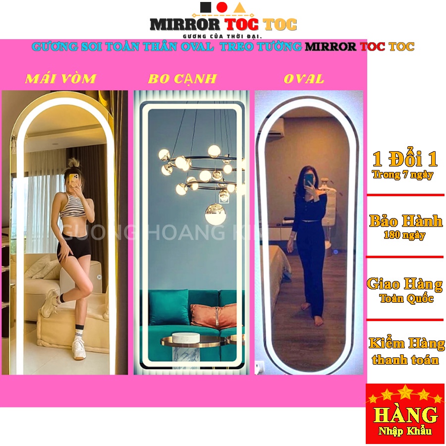 Gương soi toàn thân treo tường không viền, kính có đèn led cảm ứng 3màu kích thước 50x160cm 60x170cm MIRRORTOCTOC HK1010