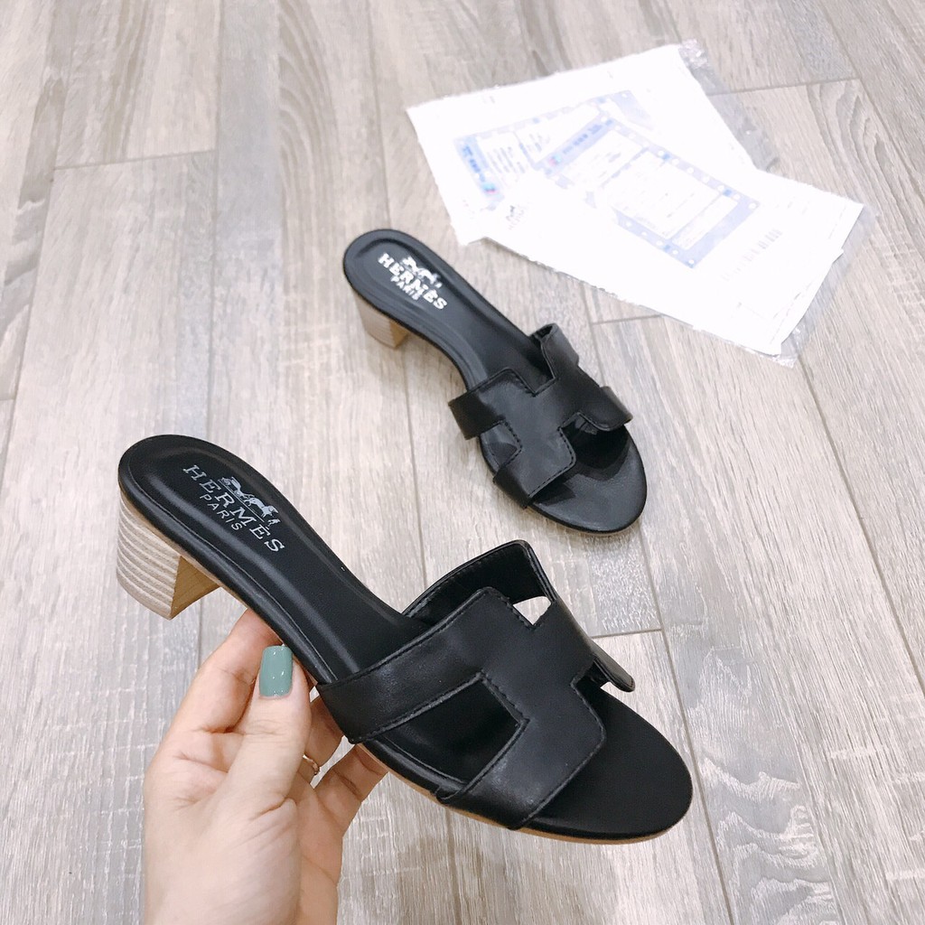 Guốc H gót gỗ 3p da đẹp Full box