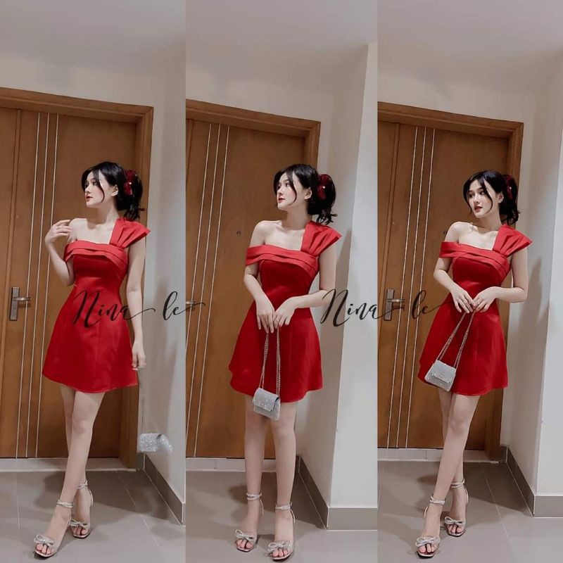 Váy dự tiệc lệch vai 2 màu trắng đỏ