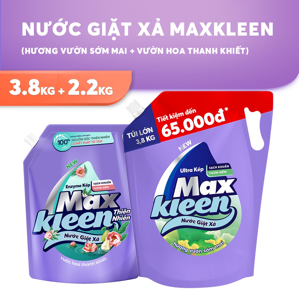 Combo Túi Nước Giặt Xả Maxkleen Thiên Nhiên 2.2kg + Túi Nước Giặt Xả 3.8kg