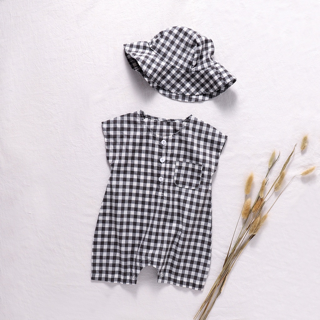 Set đồ liền quần + mũ họa tiết kẻ ca rô đáng yêu dành cho bé