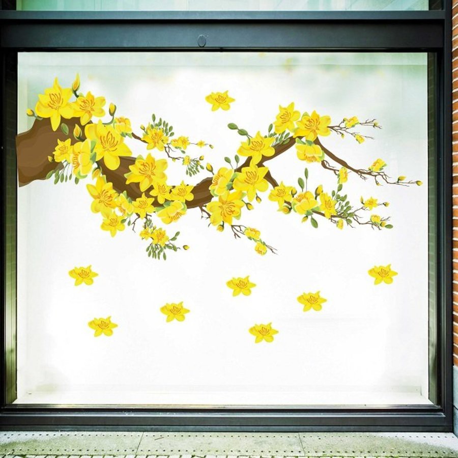 Decal hoa mai dán cửa kính trang trí tết 2022-Decal tết có keo sẵn trang trí văn phòng cửa hàng tết Nhâm Dần có keo sẵn