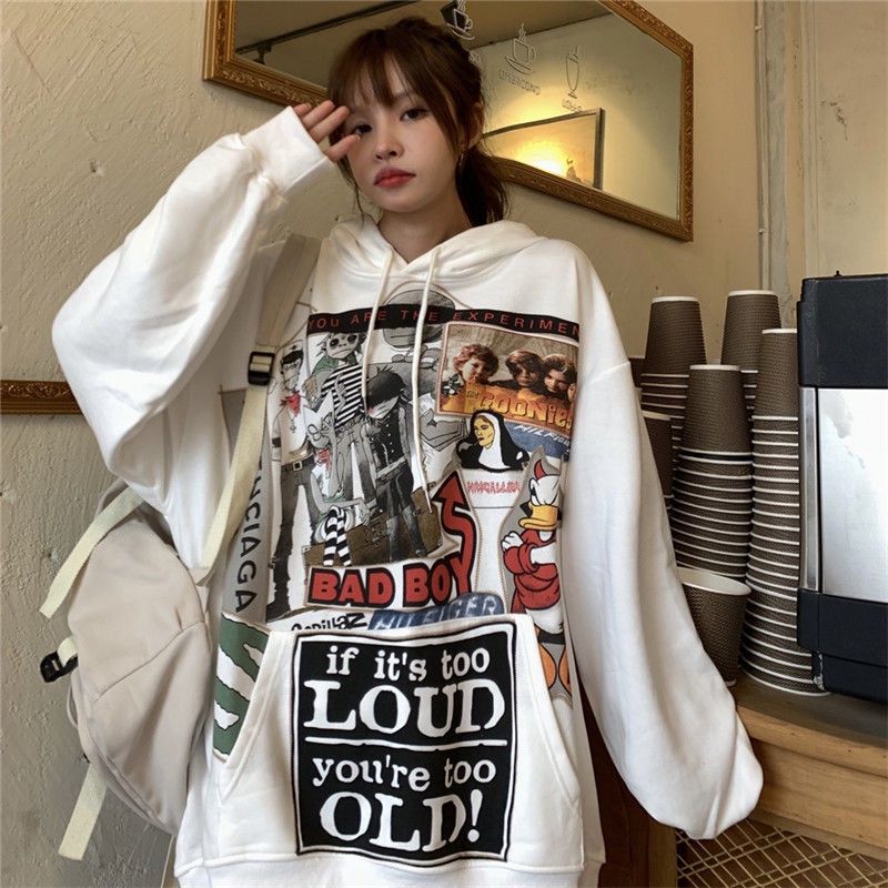 Women's retro street style cartoon printed oversized hoodie