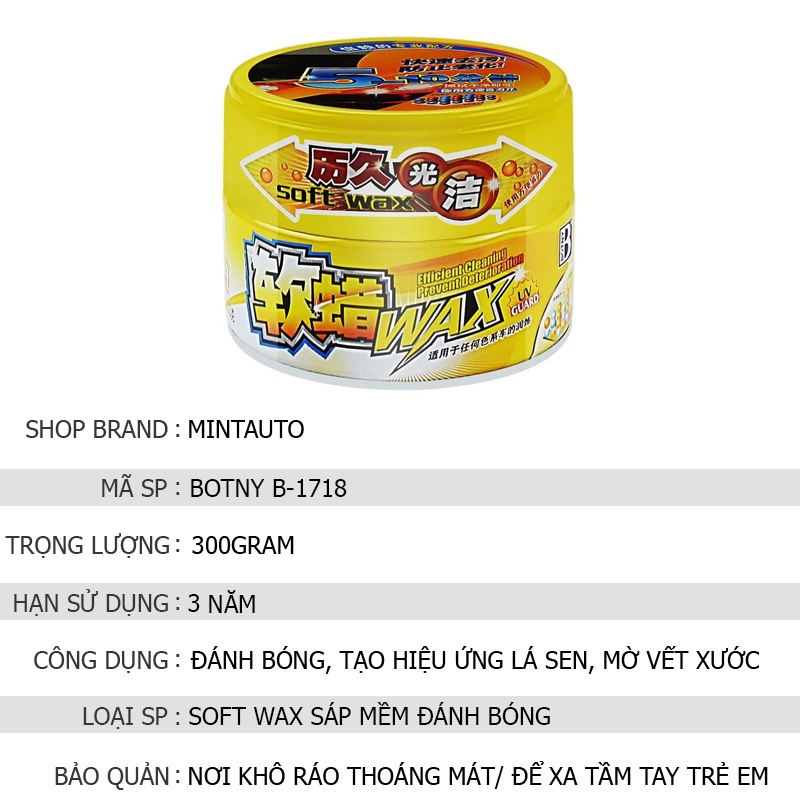 Sáp Đánh Bóng Botny Soft Wax B-1718 Bảo Vệ Bề Mặt Sơn, Chống Tia UV Trọng Lượng 300g