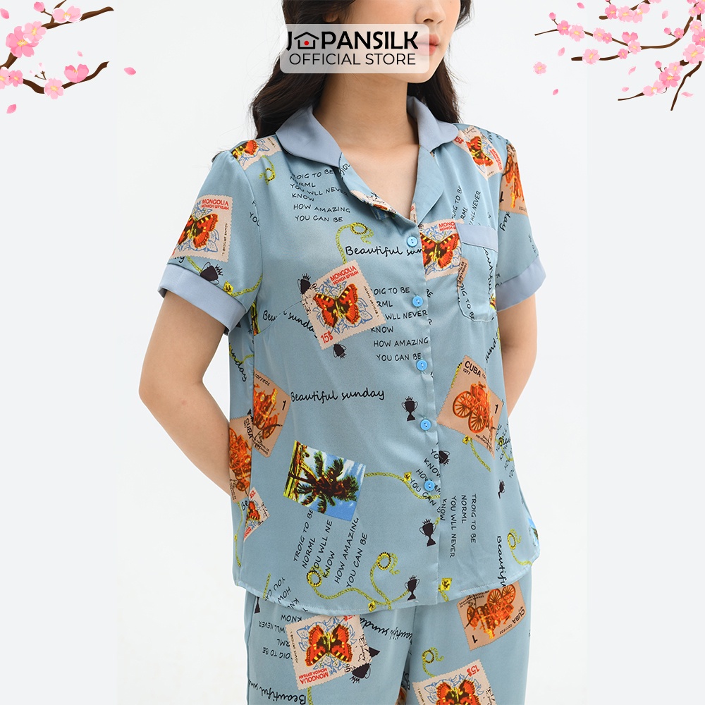 Bộ Ngủ Lụa Satin Pijama Cao Cấp JAPAN SILK Áo Cộc Quần Dài Họa Tiết Tem Thư Vintage