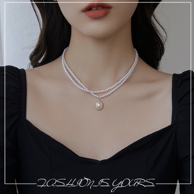 Vòng Cổ Hai Lớp Đính Hạt Ngọc Trai Phong Cách Cổ Điển Thời Trang 2022