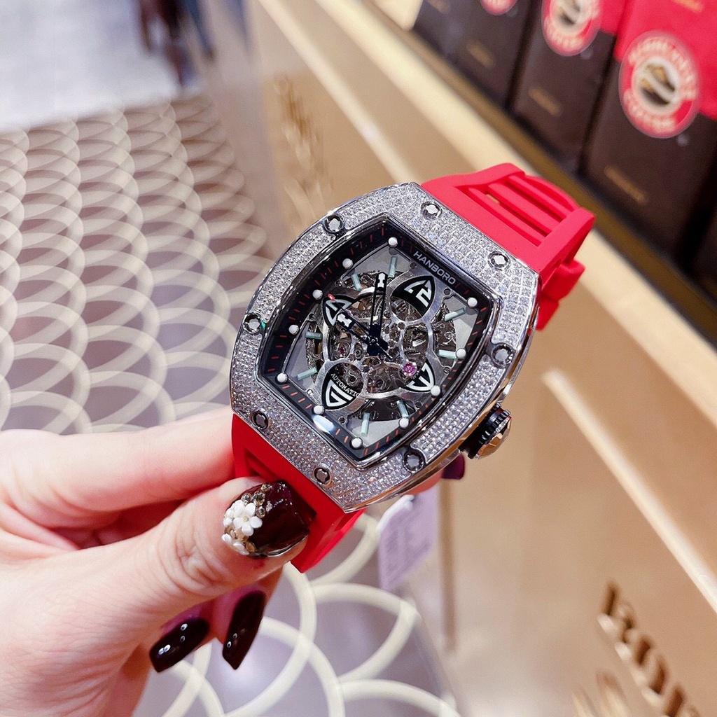 Đồng Hồ Nam Nữ Hanboro Nam Máy Automatic, Nữ Máy Pin , Dây Cao Su Màu Đỏ , Size 36mm/48mm