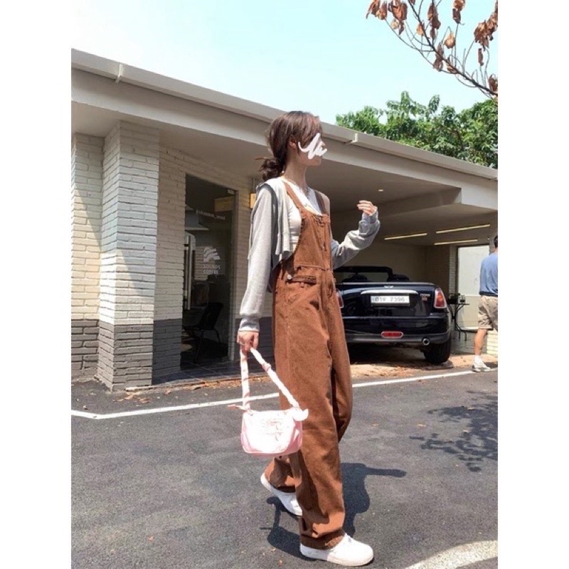 Quần Yếm Jean nữ dáng dài màu vintage Hàn Quốc - hàng có sẵn