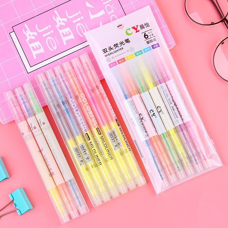 Set Bút Highlight 2 Đầu Màu Neon Tiện Dụng, Bút Đánh Dấu