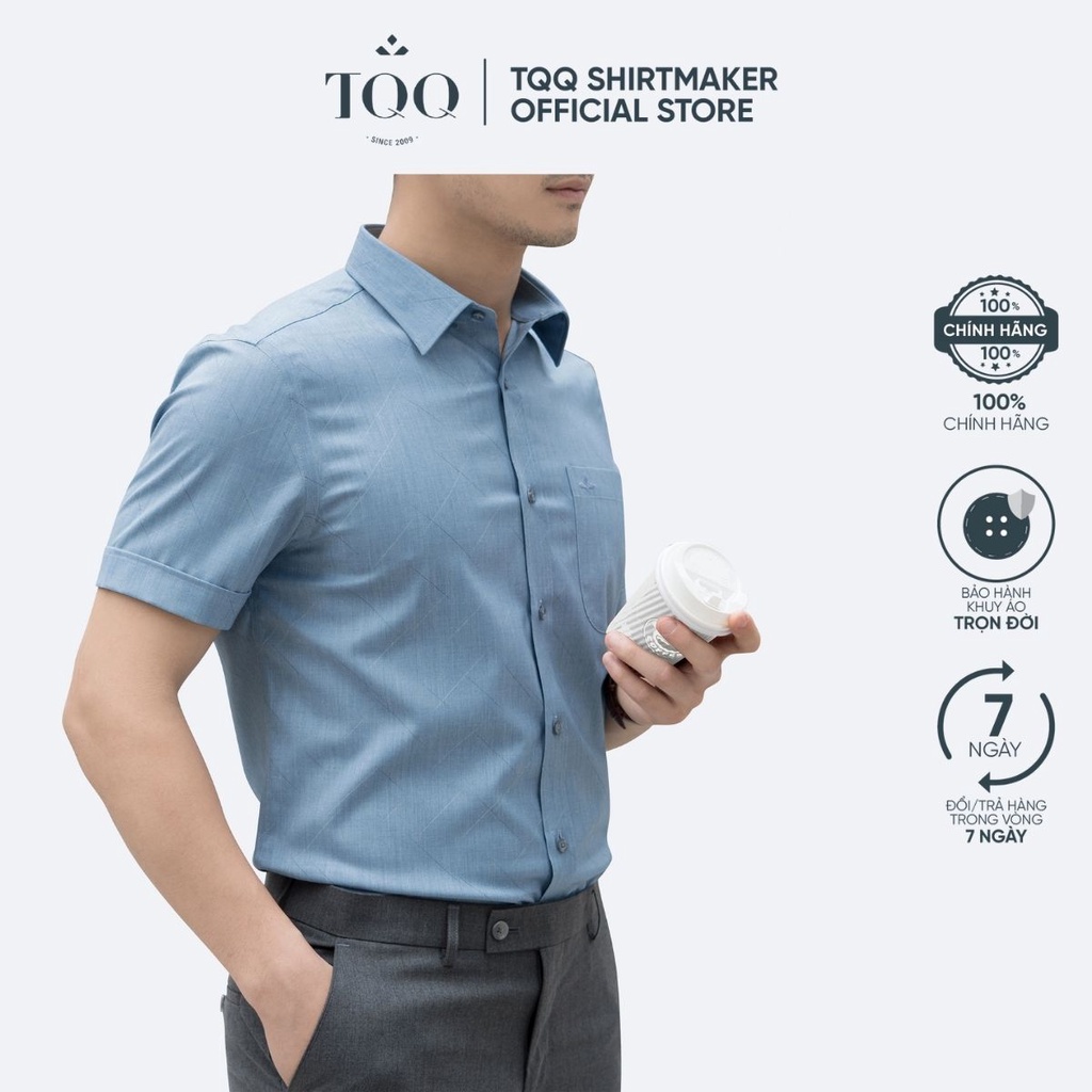 Áo sơ mi nam ngắn tay TQQ dáng Slimfit công sở ôm nhẹ H331CB màu xanh nhạt chất liệu Viscose thoáng mát hạn chế nhăn