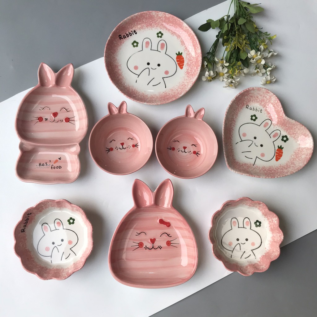 Set Bát Đĩa Sứ Thỏ Hồng  Decor bàn ăn siêu dễ thương (HomeMyStore)