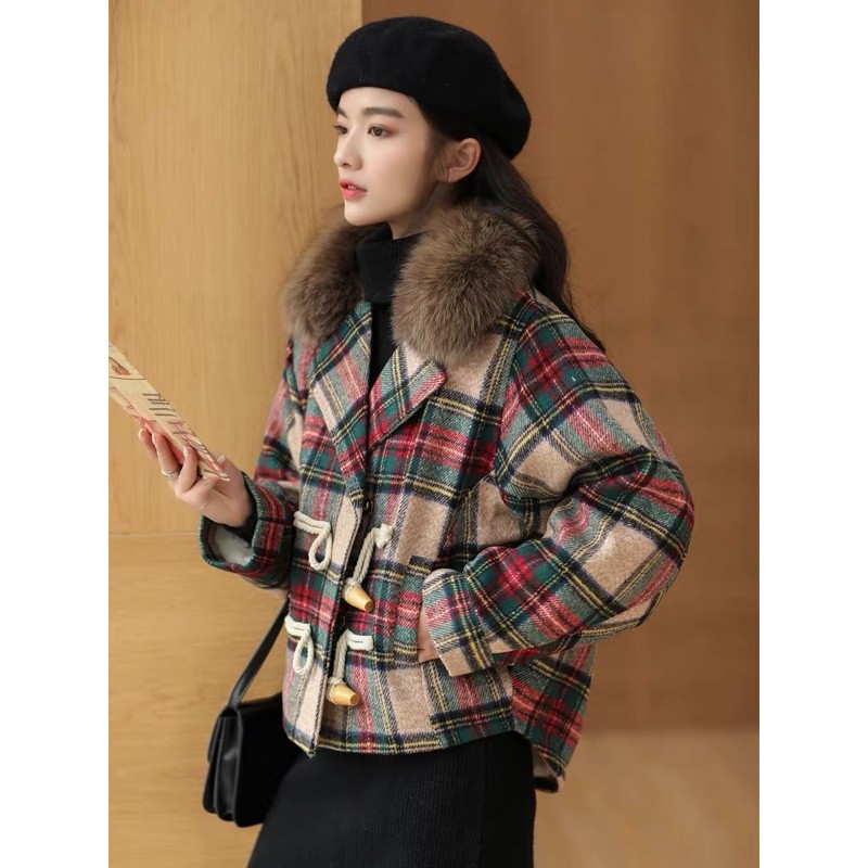 Áo khoác dạ kẻ cổ lông TQXK