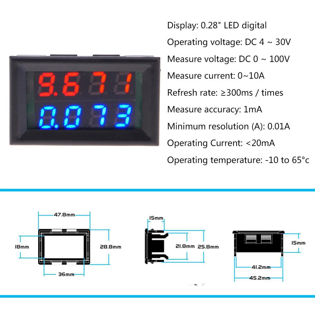 [COD]✈0,28 inch Bốn chữ số Vôn kế kỹ thuật số Đồng hồ đo điện áp hiện tại 0-100V 0-10A