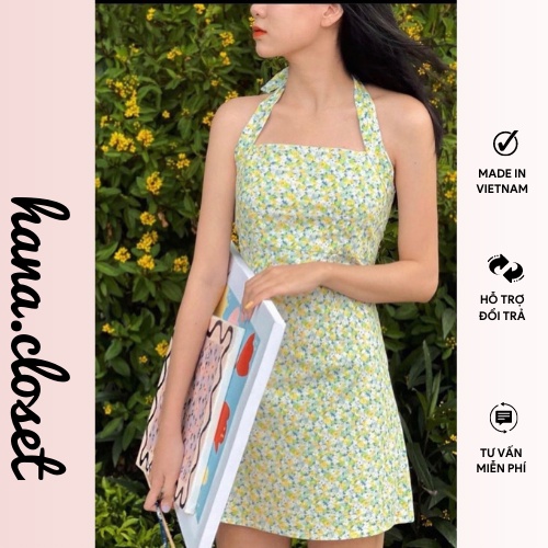 Váy hoa nhí đầm dự tiệc cổ yếm kèm áo khoác cardigan sang chảnh đi chơi du lịch phong cách hàn quốc