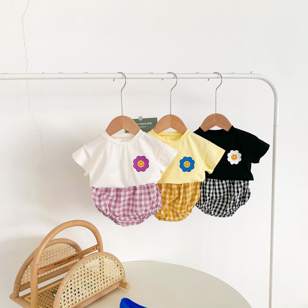 Áo hoa và Quần ngắn sọc caro phong cách mùa hè cho bé trai/ bé gái sơ sinh và tập đi