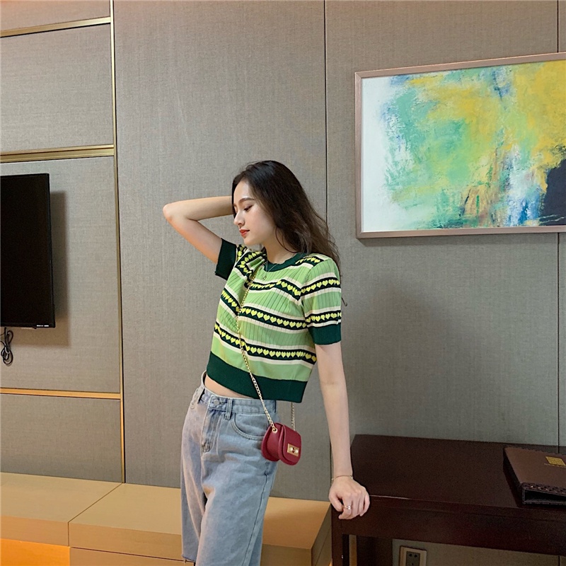 QADCOL Áo thun dệt kim tay ngắn dáng rộng màu xanh bơ xinh xắn
