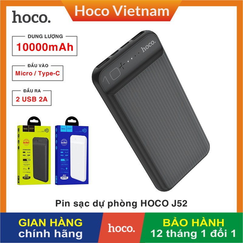 Pin sạc dự phòng di động chính hãng HOCO J52 New joy dung lượng 10000mAh, đầu vào Micro / Type-C, đầu ra 2 cổng USB 2A