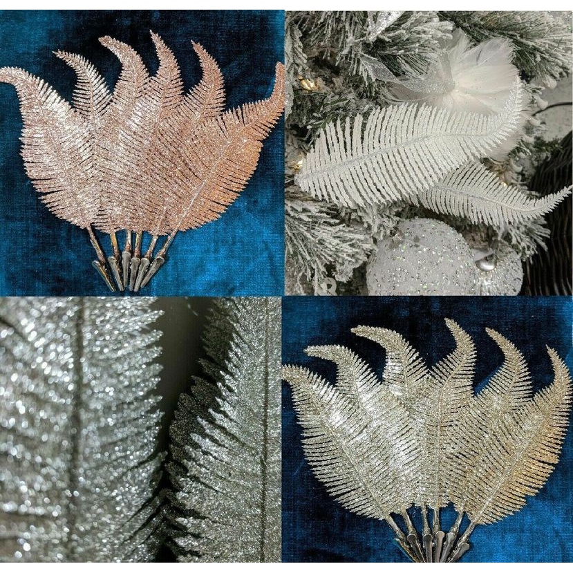 Bộ 6 Phụ Kiện Treo Trang Trí Cây Thông Giáng Sinh Hình Lông Vũ/Lá Màu Vàng/Bạc