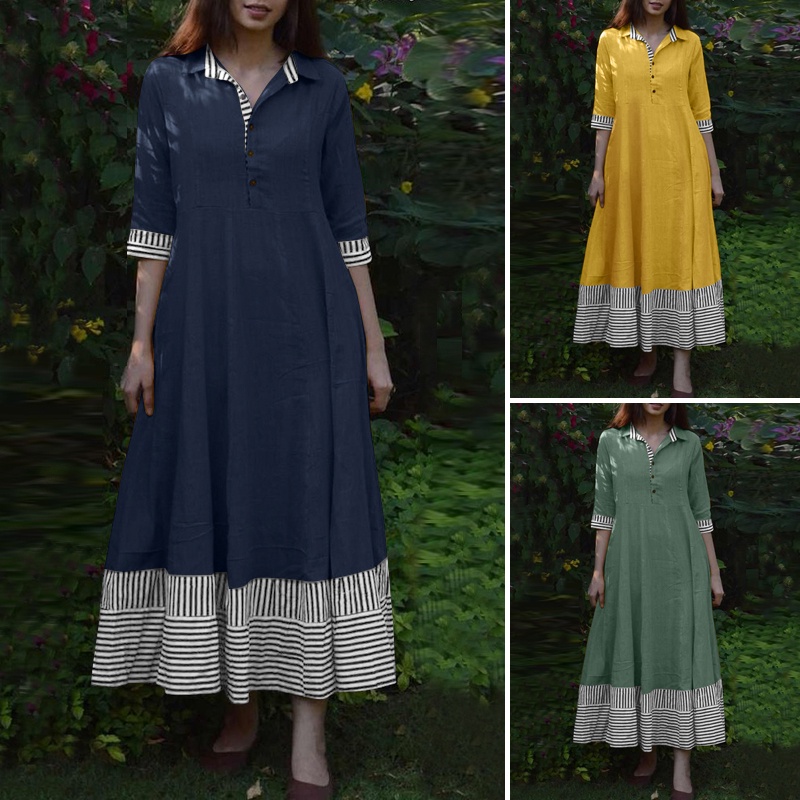 Đầm maxi ZANZEA tay lửng kẻ sọc cổ bẻ dáng rộng thời trang cho nữ