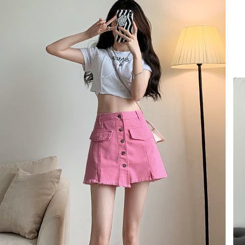 Jiashucheng Chân Váy Denim Hồng Lưng Cao Dáng Chữ a Thời Trang Mùa Hè