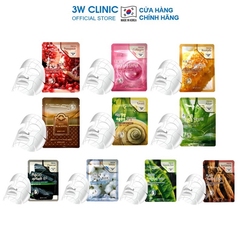 Mặt nạ giấy - Mask dưỡng trắng da dưỡng ẩm chiết xuất từ thiên nhiên 3W CLINIC Hàn Quốc 23ml nhiều vị