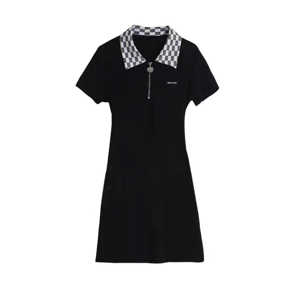 AMOI Đầm Tay Ngắn Cổ Polo Thắt Nơ Lưng Họa Tiết Sọc Caro