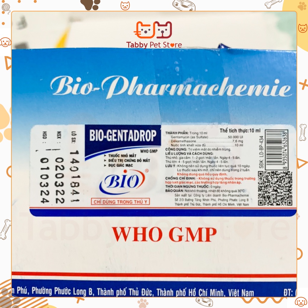 Nhỏ mắt cho mèo cho chó thú cưng Bio Gentadrop chính hãng Tabyy Pet Store