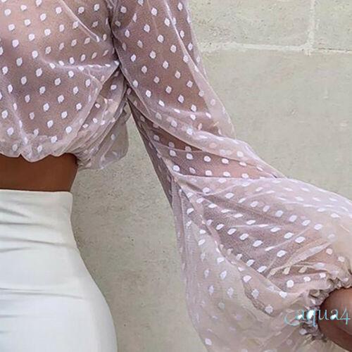 Áo Lưới Tay Dài Cổ Lọ Họa Tiết Chấm Bi Dành Cho Nữ
