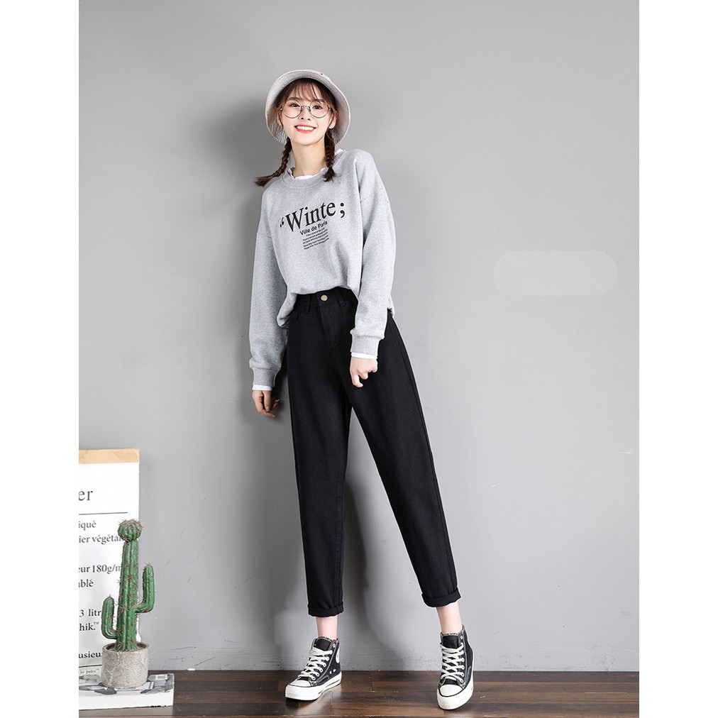 QUẦN BAGGY JEAN NỮ LƯNG CAO MÀU ĐEN LAI CUỐN CAO CẤP BABO ĐỦ SIZE S, M, L SIÊU BASIC, VẢI ĐẸP FORM CHUẨN, TÔN DÁNG