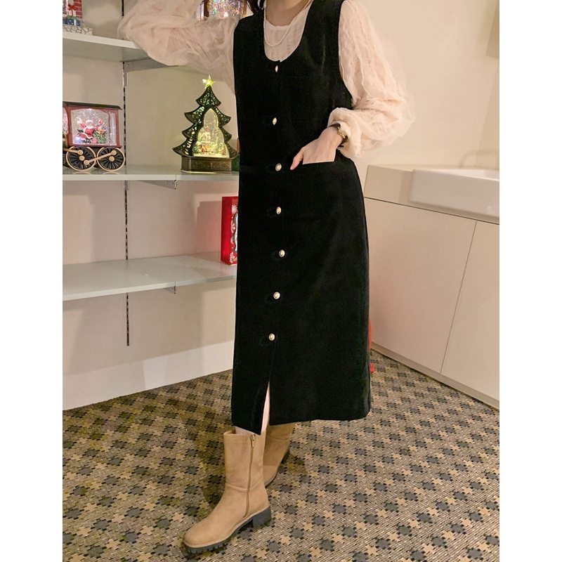 Set áo sơ mi cổ tròn dài tay và chân váy phong cách retro 48042