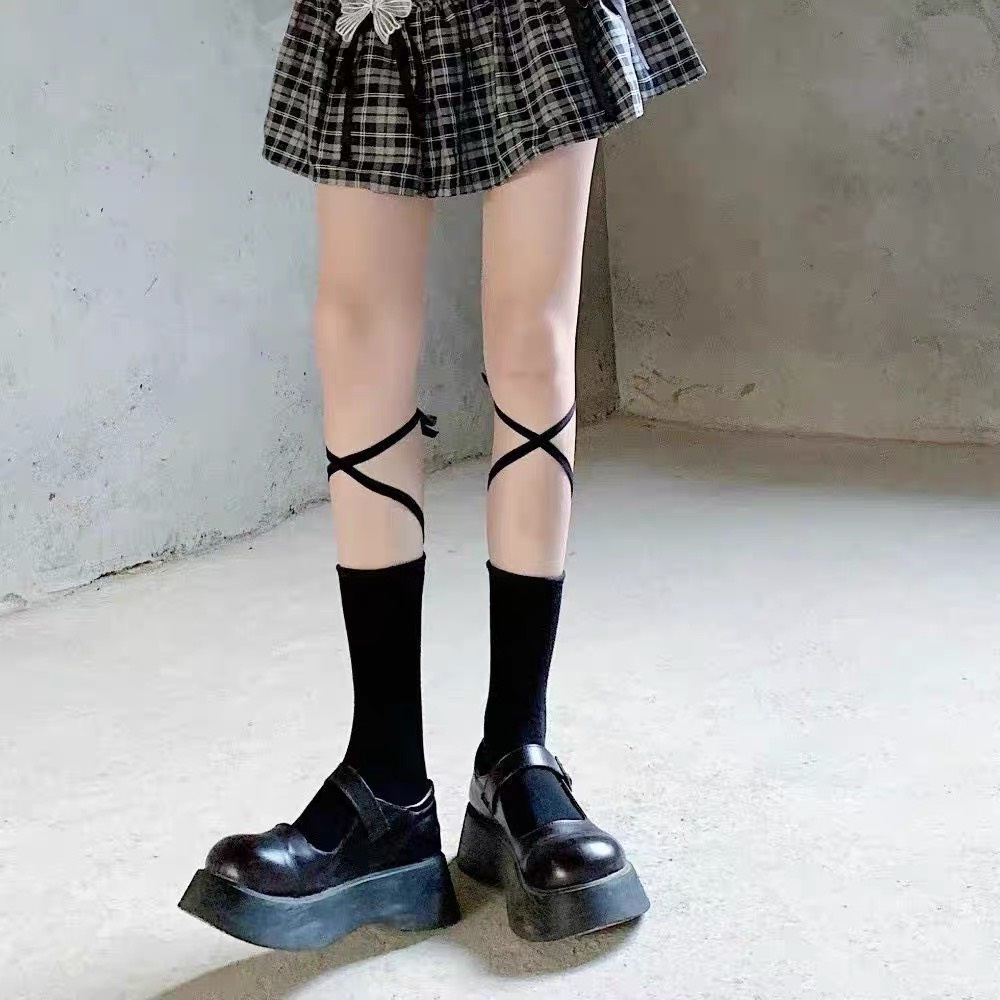 Tất Vớ nữ ullzang buộc dây 2 màu Tất dài dưới gối nữ sinh phối với giày sneaker, mj,...