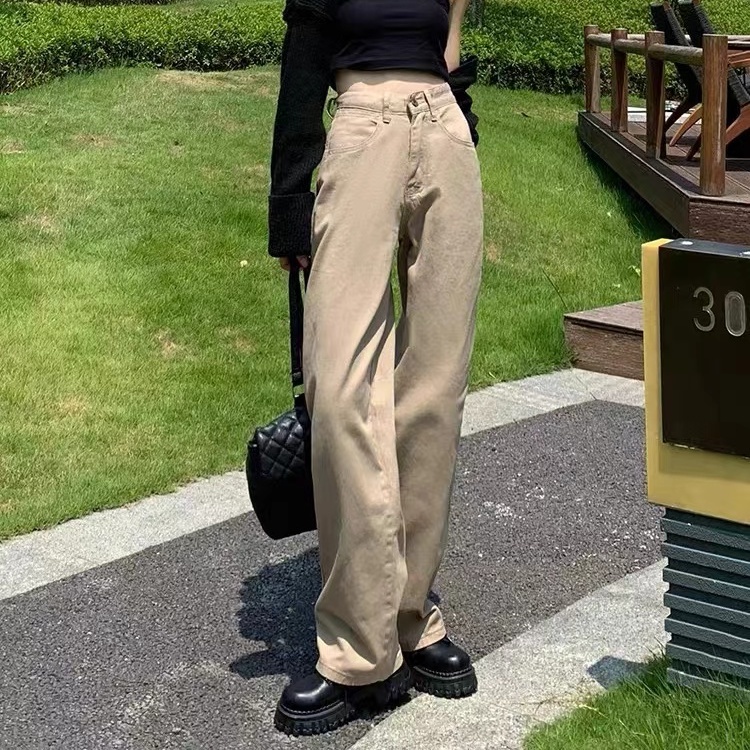 Quần jean lưng cao ống suông rộng thời trang retro dễ phối đồ