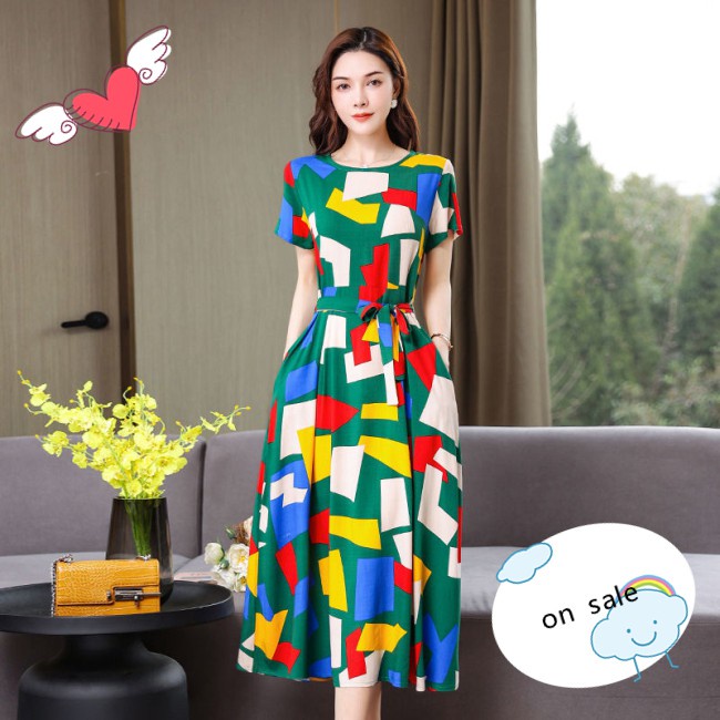 Women  Dress Crew-neck Short-sleeved Plus Size Waist-slimming Long Printed Flower Bowknot Skirt