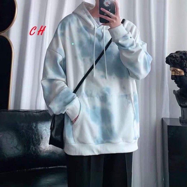 Áo Hoodie Unisex Mùa Đông Chất Nỉ Nam Nữ Giá Rẻ Loang Đám Mây Phong Cách Hàn Quốc Màu Xanh Mặc Đi Học Đi Chơi