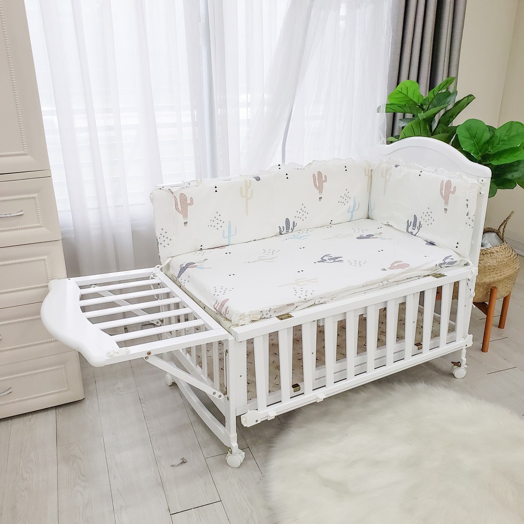 Nôi cũi giường Umoo 2 tầng, cũi gỗ thông 5in1 đa năng cho bé 3 tặng kèm bánh xe và mùng cọc